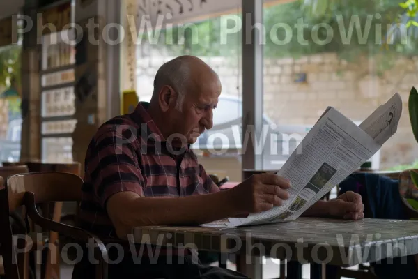 קשיש קורא עיתון בבית קפה בחיפה, ממדינת ישראל. שולחן, מַחשֵׁב, כִּסֵא