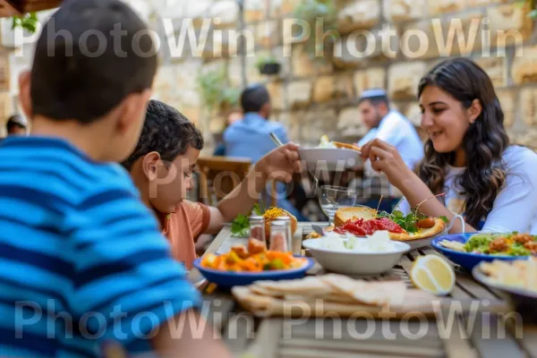 משפחה נהנית מארוחה משותפת בעיר העתיקה בירושלים, ממדינת ישראל. שולחן, שיתוף, מִטְבָּח