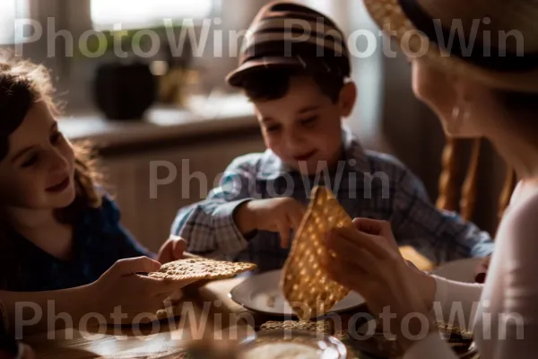 משפחה חוגגת פסח במצה, ממדינת ישראל. שיתוף, כלי שולחן, יֶלֶד