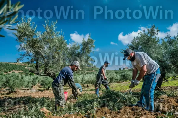 חקלאים מטפלים במטעי הזיתים שלהם בגליל, ממדינת ישראל. ענן, קהילת צמחים, אנשים בטבע