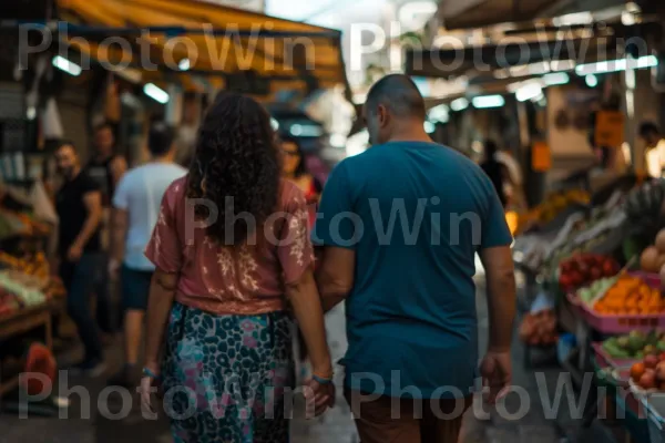 זוג צועד יד ביד בשוק בחיפה, ממדינת ישראל. מזון, מזונות טבעיים, קמעונאות