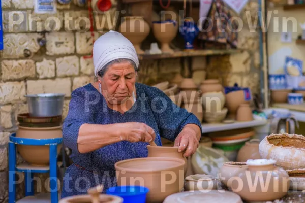 בעלי מלאכה בעבודת כלי חרס בצפת, ממדינת ישראל. כְּחוֹל, חרס, כְּלֵי חֶרֶס