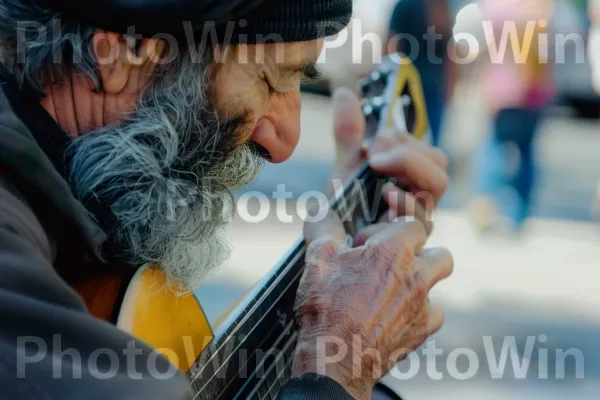 מוזיקאי רחוב מנגן מוזיקה מסורתית בתל אביב, ממדינת ישראל. אֲנָשִׁים, מוּסִיקָאִי, גִיטָרָה