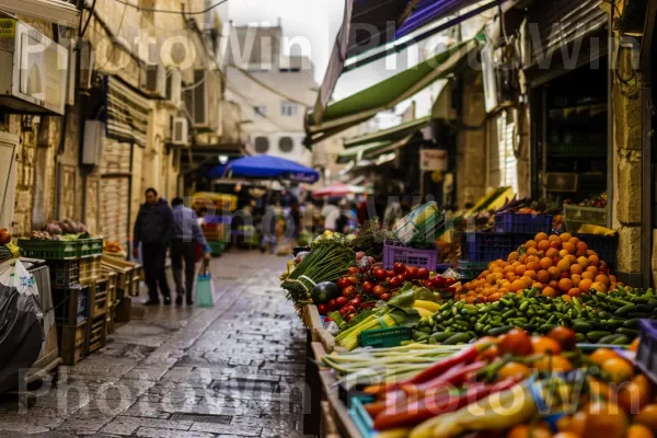 שוק רחוב תוסס בכרמל שופע תוצרת טרייה, ממדינת ישראל. בִּניָן, מוכר, מזונות טבעיים