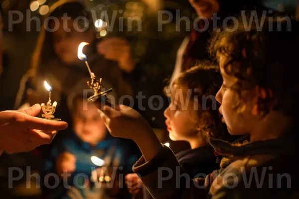 משפחות חוגגות את חנוכה בטקס הדלקת חנוכייה, ממדינת ישראל. יד, נר, עֵרוּת