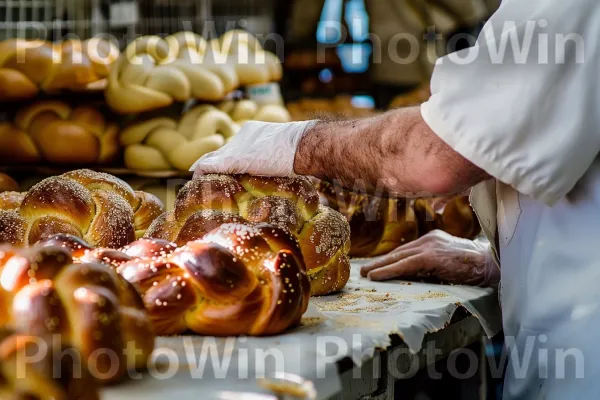 אופה מכין לחם חלה טעים לשבת במאפייה בעפולה ממדינת ישראל. מזון, כלי שולחן, מַרכִּיב