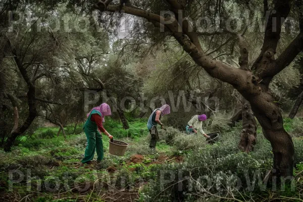 פועלי מסיק זיתים במטע שופע בגליל, ממדינת ישראל. עֵץ, נוף טבעי, חדק