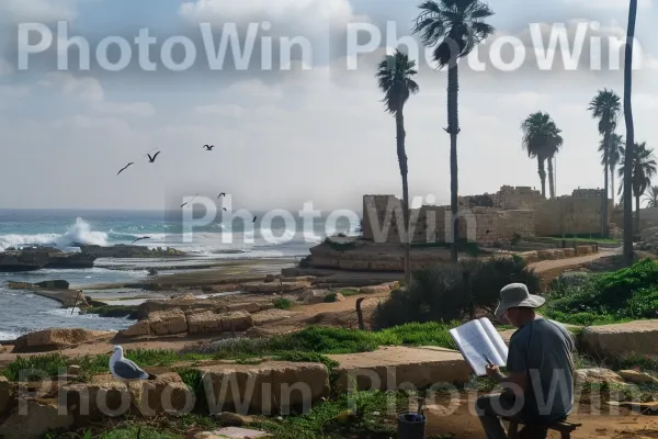 אמן משרטט את חורבותיה הקדומות של קיסריה על החוף, ממדינת ישראל. ענן, שָׁמַיִם, ציפור