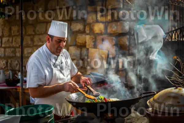 שף מבשל מנות ישראליות מסורתיות, רוחש במחבת ממדינת ישראל. מדי שף, כלי בישול וכלי אפייה, שֶׁף