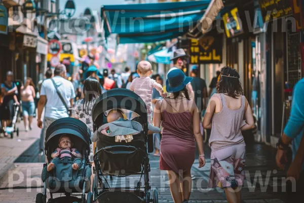 אמהות דוחפות עגלות ברחובות צפופים, תינוקות בוכים ממדינת ישראל. כְּחוֹל, צמיג, פְּנַאִי