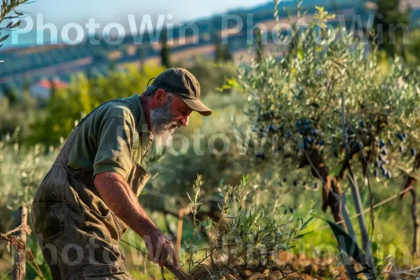 חקלאי מטפל בעצי הזית שלו ברמת הגולן הפורה, ממדינת ישראל. צמח, מישקפי שמש, שָׁמַיִם