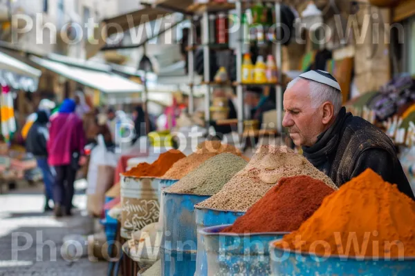 חנווני מוכר תבלינים ביפו, ממדינת ישראל. שְׁעוֹת הַיוֹם, בית המקדש, מזונות טבעיים