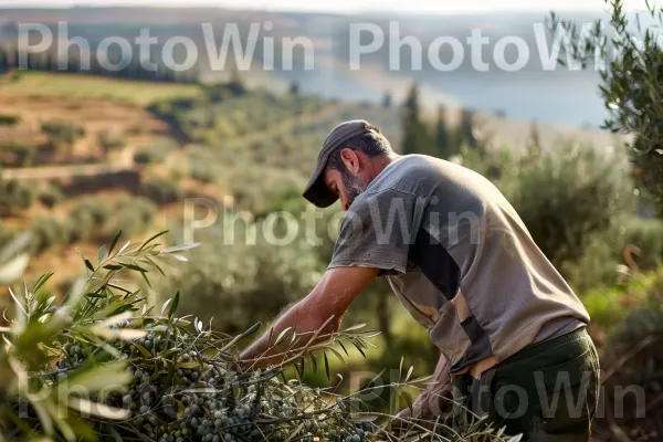 חקלאי מסיק זיתים בגבעות הגליל ממדינת ישראל. צמח, אנשים בטבע, עֵץ