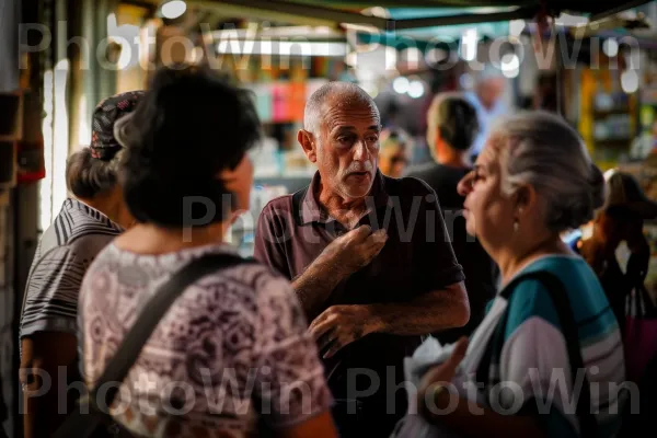 בעלי חנויות מתמקחים עם לקוחות בשוק תל אביבי, ממדינת ישראל. עִיר, צרכן, אירוע