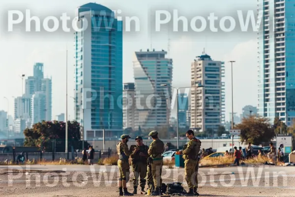 קבוצת חיילים משוחחים בתל אביב, ממדינת ישראל. גַלגַל, בלוק מגדל, עֵץ