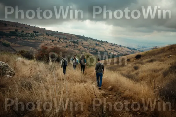 קבוצת חברים מטיילת ברמת הגולן, ממדינת ישראל. שָׁמַיִם, קהילת צמחים, אנשים בטבע