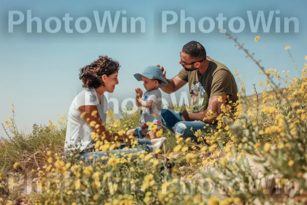 משפחה נהנית מפיקניק במדבר הנגב הפורח, ממדינת ישראל. פֶּרַח, צמח, אנשים בטבע