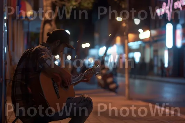 מוסיקאי עסוק בעיר התוססת אילת, ממדינת ישראל. כלי נגינה, תאורת רכב, פני הכביש