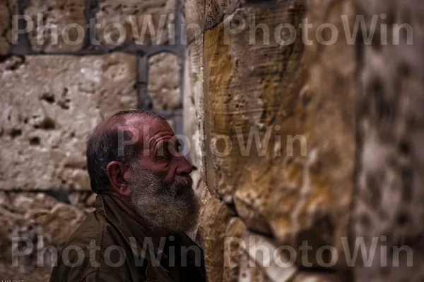 אדם מתפלל בכותל, עמוק במחשבה ובמסירות נפש, ממדינת ישראל. בית המקדש, לְבֵנָה, קֶמֶט