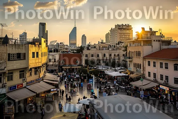 שוק שוקק חיים בתל אביב בשקיעה, ממדינת ישראל. אוֹר, חַלוֹן, ארכיטקטורה