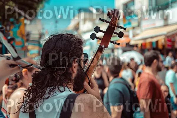 מוזיקאי רחוב מנגן מוזיקה מסורתית בתל אביב, ממדינת ישראל. מוּסִיקָאִי, כתום, חולצה קצרה