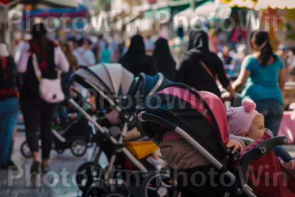 אמהות דוחפות עגלות ברחובות צפופים, תינוקות בוכים ממדינת ישראל. כֵּיף, כְּבִישׁ, עִיר