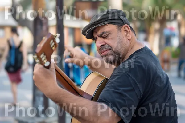 מוסיקאי עסוק בעיר התוססת אילת, ממדינת ישראל. מוּסִיקָאִי, אירוע, כובע בייסבול