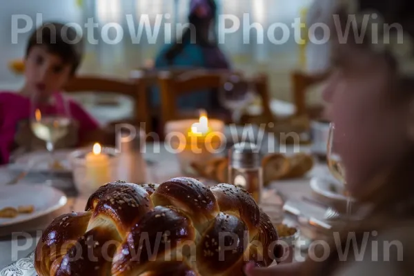 משפחה נהנית מארוחת שבת מסורתית בירושלים, ממדינת ישראל. שולחן, מתכון, מַרכִּיב