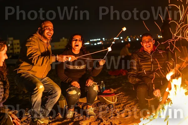 חברים התאספו סביב מדורה בחוף, צולים מרשמלו וצוחקים, ממדינת ישראל. כֵּיף, מְדוּרָה, חוֹם