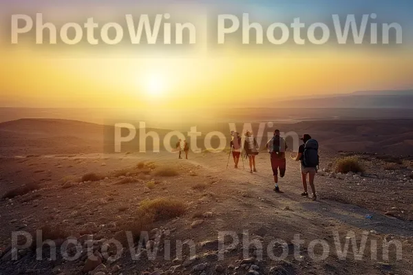 קבוצת מטיילים מטיילים במדבר, צופים בנוף ממדינת ישראל. שָׁמַיִם, אנשים בטבע, אוֹר שֶׁמֶשׁ