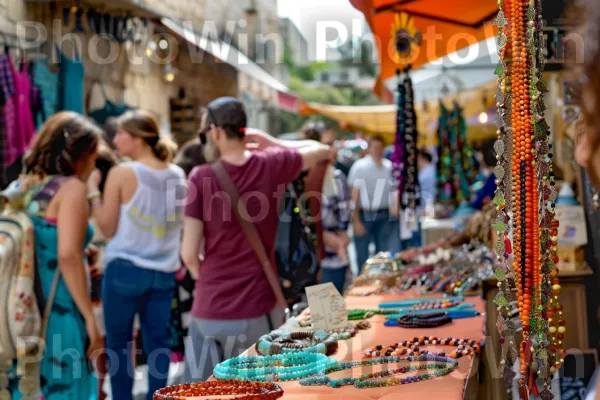 אמנים מוכרים תכשיטים בעבודת יד ביריד יצירה ביפו ממדינת ישראל. מוכר, צרכן, שׁוּק