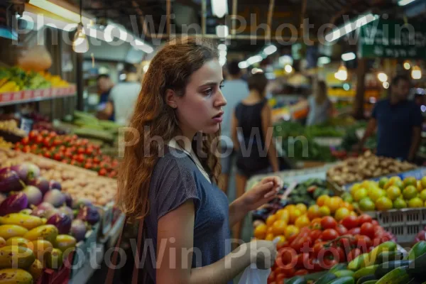 צעירה קונה תוצרת טרייה בשוק הכרמל, ממדינת ישראל. מזון, מוכר, מזון מלא