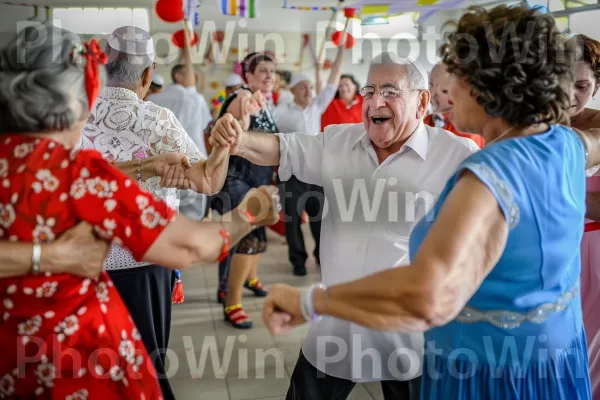 קבוצת קשישים רוקדת את ההורה בחגיגת חתונה, ממדינת ישראל. כובע, מִכְנָסַיִים קְצָרִים, קבוצה חברתית