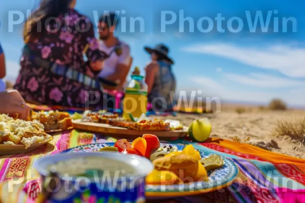 קבוצת חברים נהנית מפיקניק במדבר, ממדינת ישראל. כלי שולחן, פרי, מזונות טבעיים