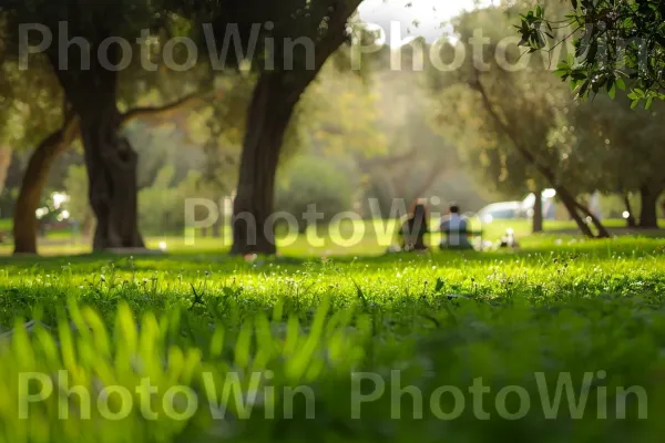 זוג נהנה מפיקניק בפארק שטוף שמש, מוקף ירוק ממדינת ישראל. ירוק, נוף טבעי, סביבה טבעית