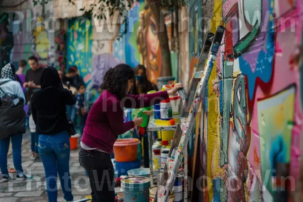 אמן רחוב המצייר ציורי קיר תוססים בירושלים, ממדינת ישראל. שְׁעוֹת הַיוֹם, אמן, אומנות