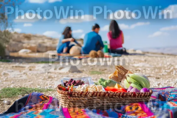 קבוצת חברים נהנית מפיקניק במדבר, ממדינת ישראל. ענן, שְׁעוֹת הַיוֹם, אנשים בטבע