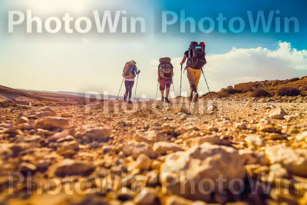 קבוצת מטיילים חוקרת בשבילי מדבר הנגב, ממדינת ישראל. שָׁמַיִם, אנשים בטבע, אוֹר שֶׁמֶשׁ