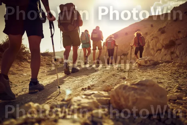 קבוצת מטיילים מטיילים במדבר, חוקרים והרפתקאות, ממדינת ישראל. מִכְנָסַיִים קְצָרִים, שָׁמַיִם, חוֹל