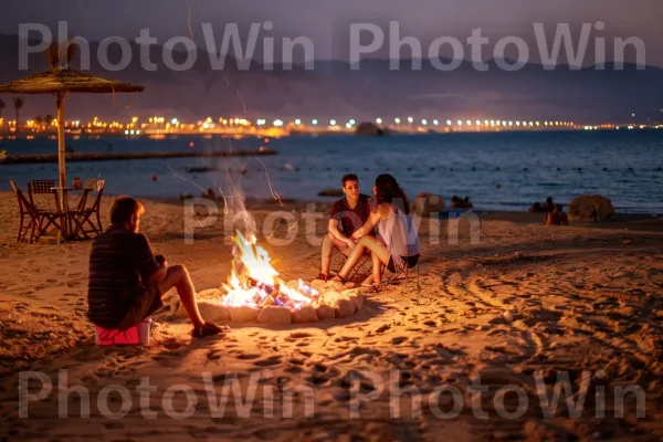 קבוצת חברים נהנית מדורה בחופים החוליים של אילת, ממדינת ישראל. מים, אנשים בטבע, החוף