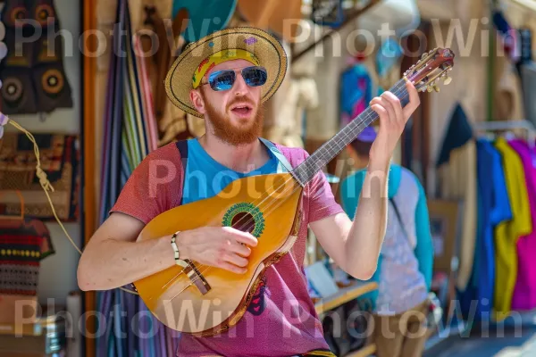 נגן רחוב משעשע תיירים ביפו, ממדינת ישראל. כלי נגינה, אביזר גיטרה, מוּסִיקָאִי