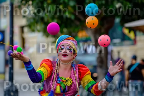 אמנית רחוב משעשעת בחיפה, ממדינת ישראל. הבעת פנים, בן אנוש, כתום