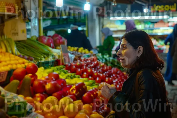 אישה קונה תוצרת טרייה בשוק הכרמל, ממדינת ישראל. מוכר, מזונות טבעיים, מזון מלא