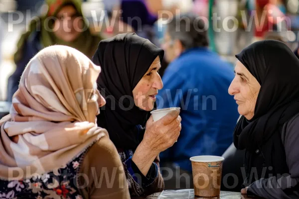 נשים מפטפטות על קפה, מתמקחות בשוק ממדינת ישראל. בגדים עליונים, בן אנוש, כיסוי ראש