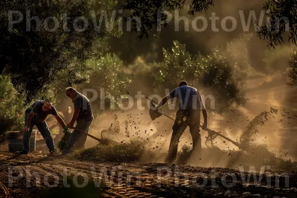 חקלאים מסיק זיתים באזור הגליל, ממדינת ישראל. קַסדָה, אוֹר שֶׁמֶשׁ, עֵץ