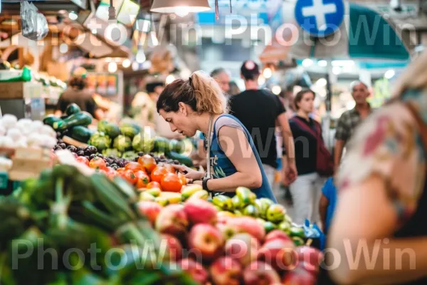 אישה עושה קניות בשוק הומה, מתמקחת עם רוכלים ממדינת ישראל. מזון, מוכר, מזונות טבעיים