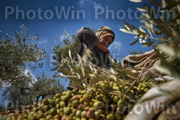 חקלאי מסיק זיתים בהרי השומרון, ממדינת ישראל. ענן, צמח, חַקלָאוּת