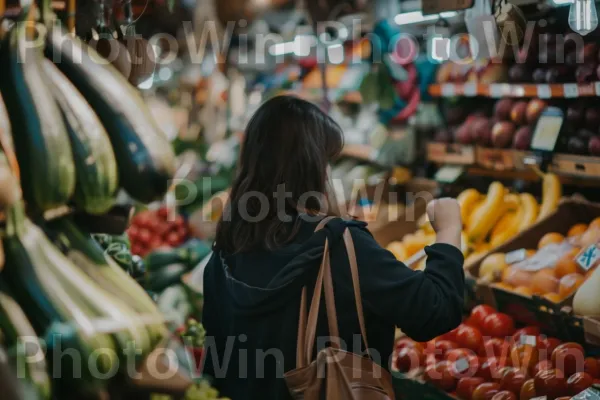 אישה קונה תוצרת טרייה בשוק הכרמל, ממדינת ישראל. מזון, קניות, צרכן