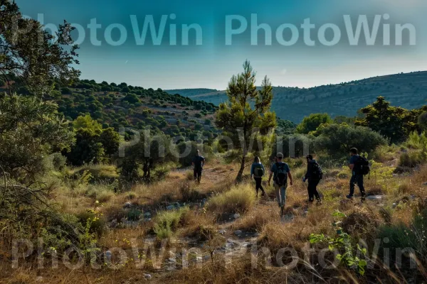 קבוצת חברים מטיילת בהרי הגליל השופעים, ממדינת ישראל. צמח, הַר, עֵץ