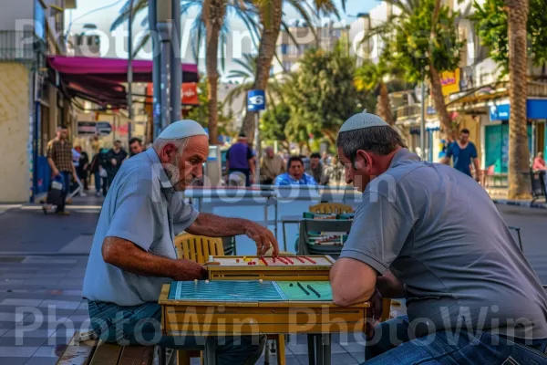 גברים משחקים משחק שש בש תוסס ברחובות חיפה ממדינת ישראל. עֵץ, צמח, שולחן